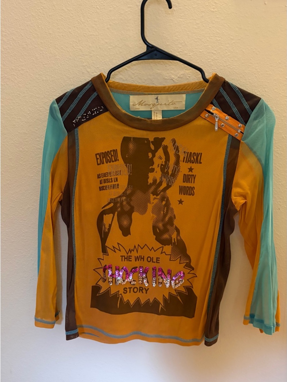 Mesh Long Sleeve Graphic Top - Mustard & Teal Size L